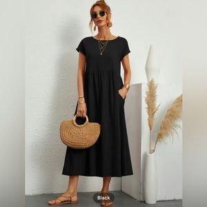 Loose Pocket Maxi Dress, Casual Short Sleeve Crew Summer Bohemian Classic Black